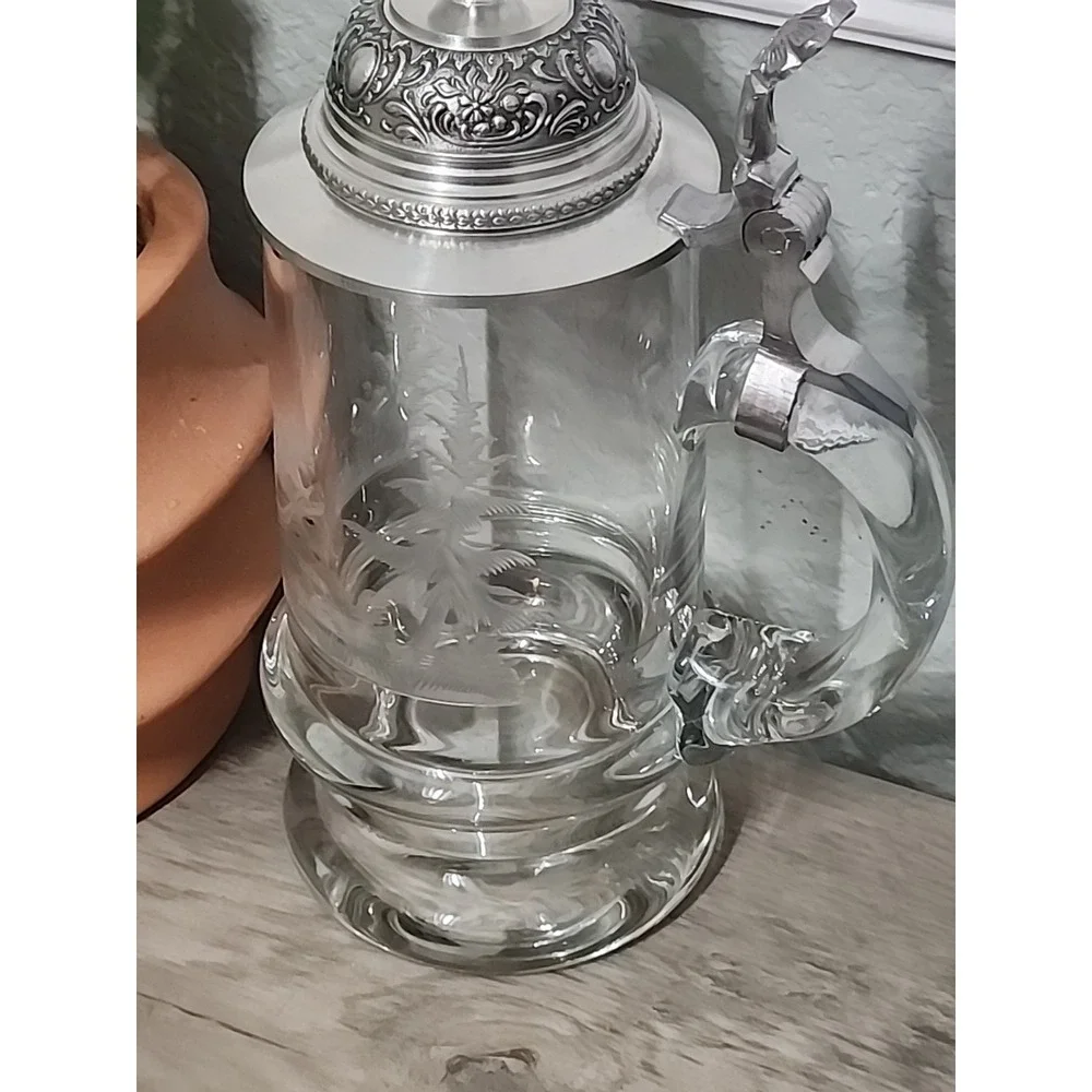 Vtg  Etched Crystal German Beer Mug Tankard Stein Glass Pheasant Pewter Lid 6.5